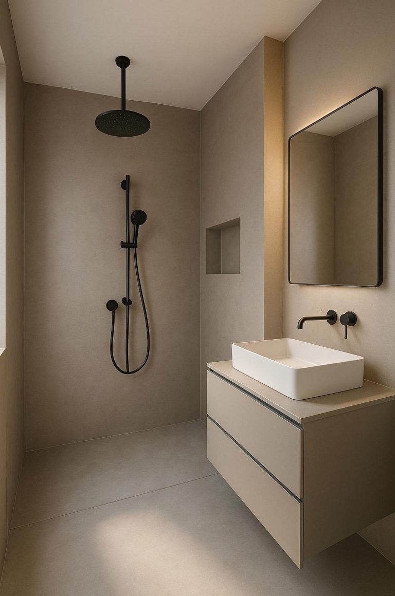 Mikrozement im Bad und in der Dusche Fugenlose Mikrozement-Oberfläche im Badezimmer mit systemabhängiger Ausführung für Nassbereiche