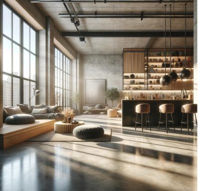 Mikrozement Boden Heller, moderner Wohnraum mit großen Fenstern, minimalistischer Einrichtung und Holzbar.